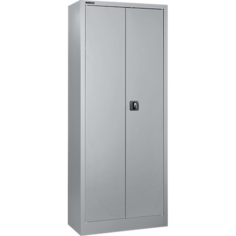 Un armario de acero gris con dos puertas y una manija.