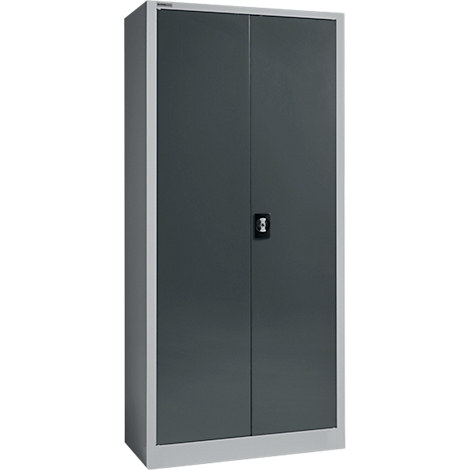 Armario de acero gris con dos puertas y un asa negra.