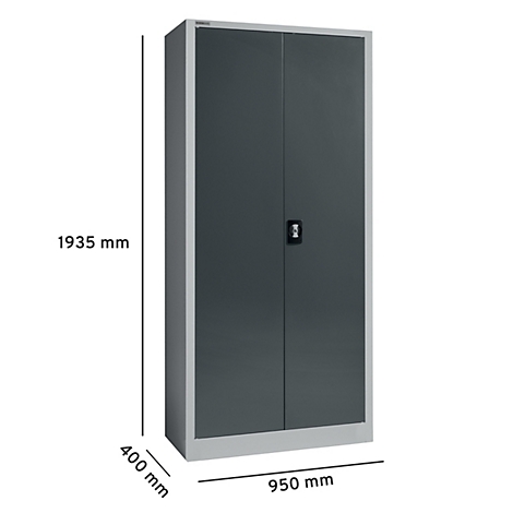 Armario alto de acero gris con dos puertas y un asa. Dimensiones: 1935 x 950 x 400 mm.