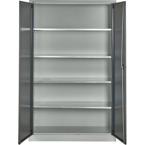 Un armario de acero gris con puertas abiertas que muestran varios estantes.