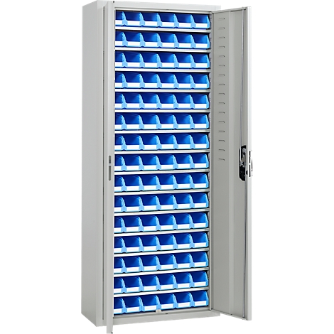 Armario de herramientas gris con las puertas abiertas. Está lleno de contenedores azules.