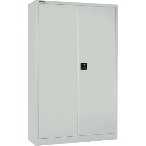 Archivo de dos puertas de color gris claro con un asa negra.