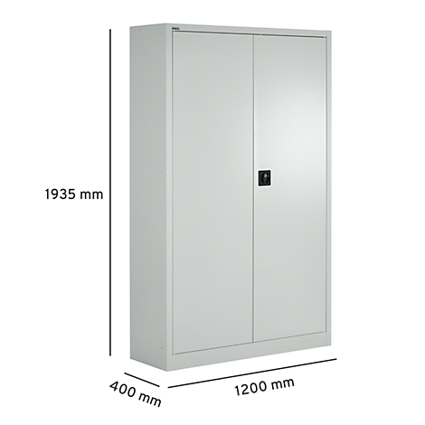 Armario de acero gris con dos puertas, un asa negra y dimensiones.