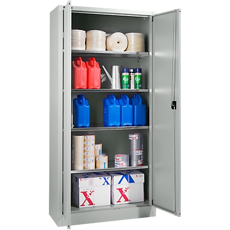 Armario de acero abierto con múltiples estantes llenos de rollos, bidones, cintas y cajas.