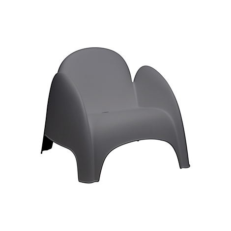 Gray designer chair on white background. The chair has an unusual shape with armrests.