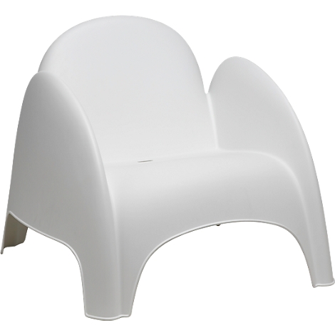 White plastic chair with curved shapes. Round backrest, curved armrests and wide feet.