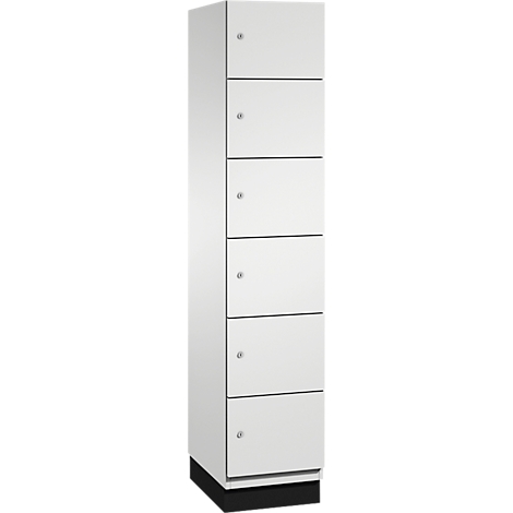 Armoire à six portes, blanc brillant avec poignées grises, sur une base noire.