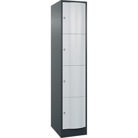 Un meuble gris avec quatre portes, des portes argentées et des boutons argentés.