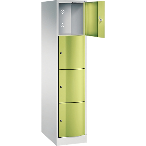 Armoire blanche avec trois portes en bas et un compartiment ouvert en haut. Une porte est ouverte pour montrer l'intérieur.