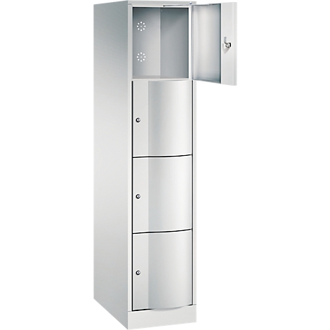Armoire avec portes bleues et cadre blanc, une porte ouverte.