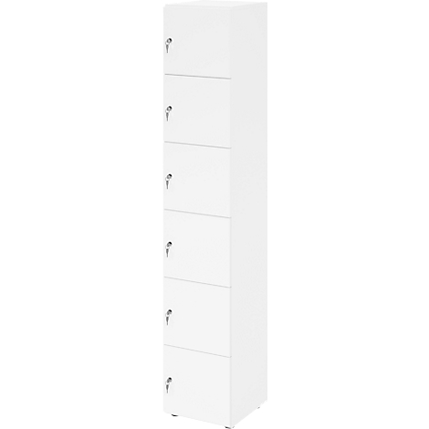 Armoire blanche à six compartiments. Chaque compartiment a une serrure argentée.