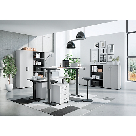 Bureau moderne avec bureaux réglables en hauteur, armoires et plantes. Ambiance lumineuse et aérée avec une grande fenêtre.