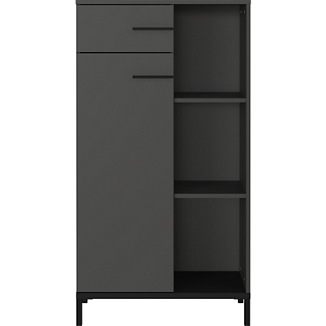 Armoire gris foncé avec porte et partie étagère ouverte.