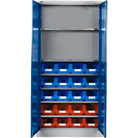 Armoire métallique ouverte avec portes bleues, remplie de bacs de rangement bleus et rouges sur étagères.