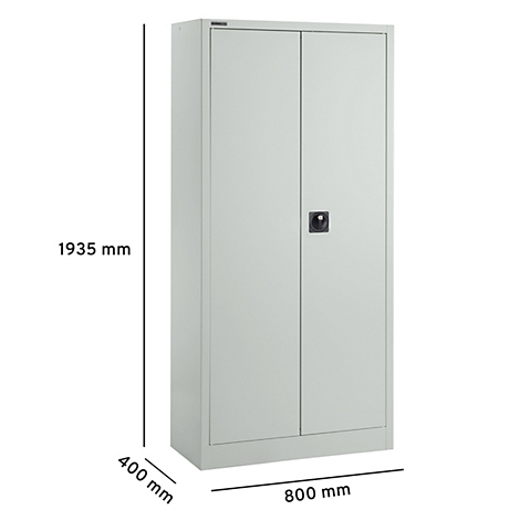 Armoire métallique gris clair à deux portes, poignée noire et dimensions.
