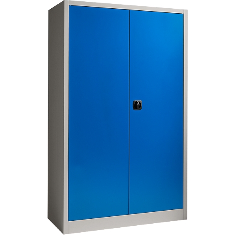 Armoire bleue à deux portes, poignée noire et cadre argenté.