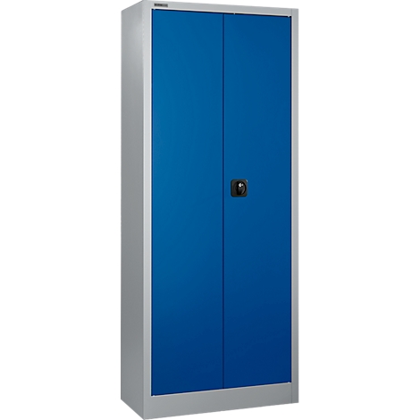 Armoire en acier bleu avec deux portes et une poignée noire.