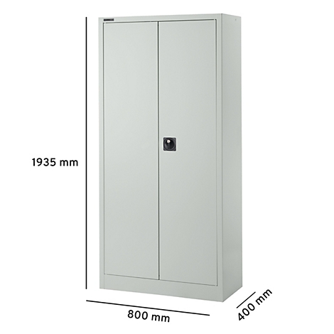 Armoire métallique gris clair avec deux portes, poignée noire et dimensions : 1935 mm de haut, 800 mm de large, 400 mm de profondeur.