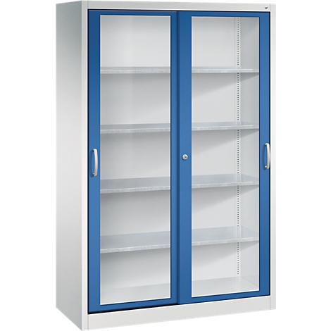 Armoire métallique haute gris clair avec deux portes vitrées bleues et poignées argentées.
