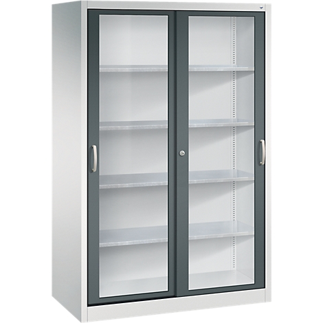 Armoire de bureau avec parois extérieures blanches, deux portes vitrées grises et trois étagères.