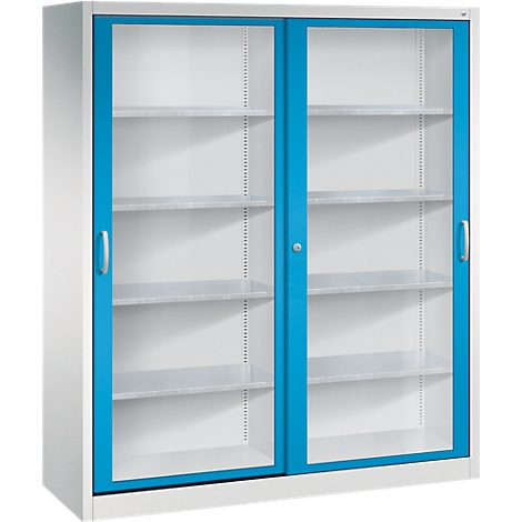 Grande armoire métallique avec cadres bleu clair, portes coulissantes vitrées et plusieurs étagères internes.