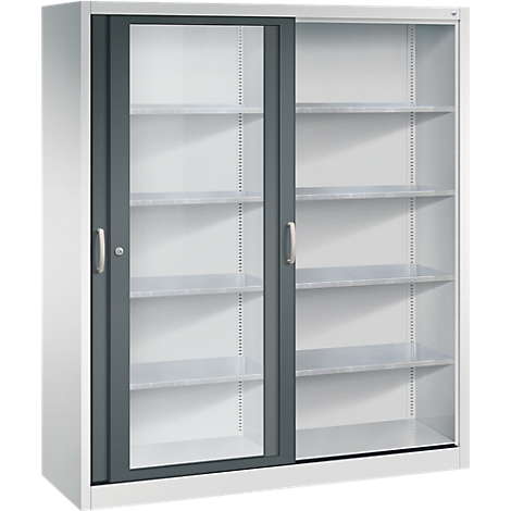 Armoire en métal clair avec portes coulissantes vitrées grises et plusieurs étagères sur fond blanc.