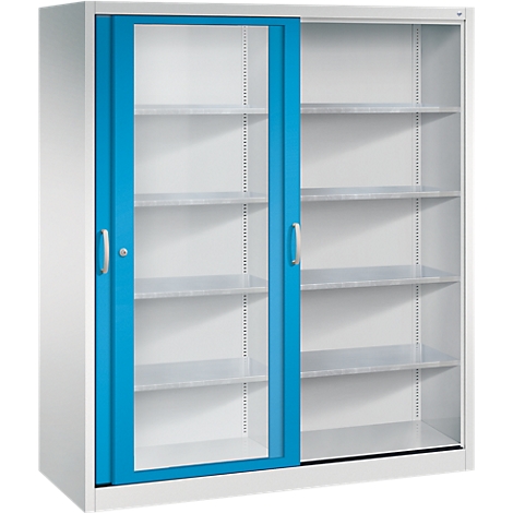 Armoire métallique grise avec une porte coulissante bleue vitrée et trois étagères.