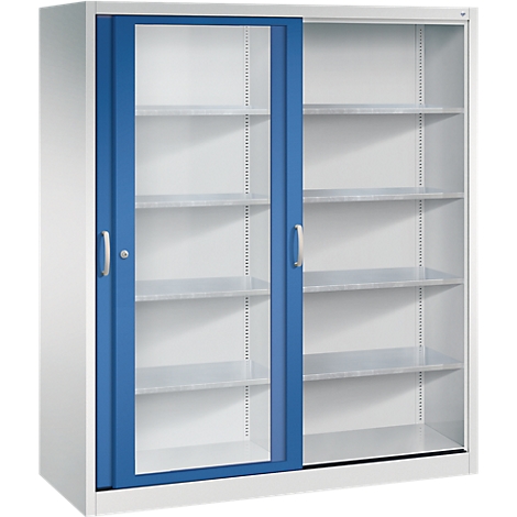 Armoire métallique gris clair avec deux portes coulissantes en verre bleu et quatre étagères.