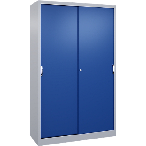 Armoire métallique grise avec deux portes coulissantes bleues et poignées argentées sur fond neutre.