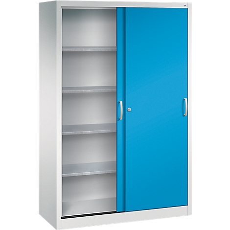 Armoire de bureau avec cadre blanc et porte coulissante bleue, entrouverte, avec étagères.
