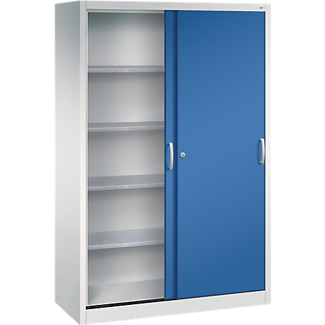 Armoire de bureau blanche à portes coulissantes avec une porte bleue et quatre étagères visibles.