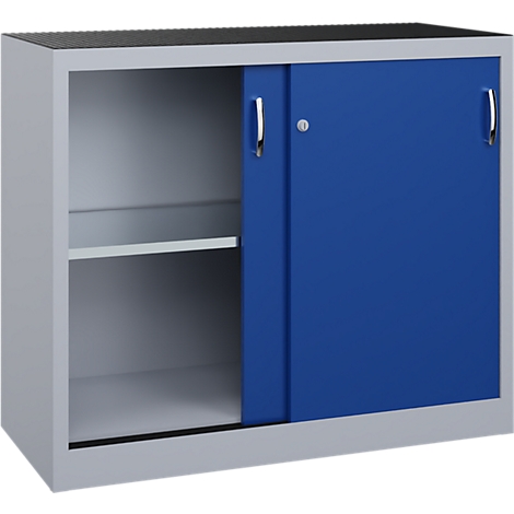 Armoire d'atelier bleue et grise avec portes coulissantes sur fond neutre.