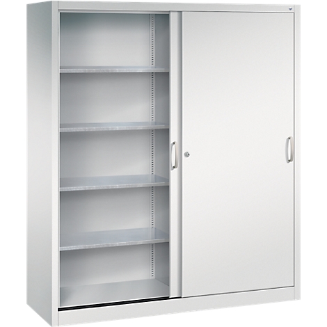 Armoire métallique claire avec portes coulissantes et étagères ouvertes sur fond blanc.