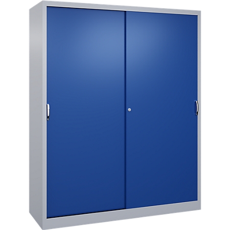 Armoire métallique grise avec deux portes coulissantes bleues sur fond neutre.