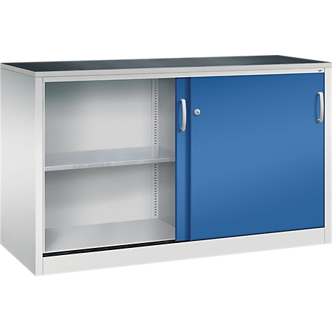 Armoire de bureau mi-haute blanche avec une porte coulissante bleue et une serrure sur fond neutre.
