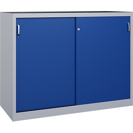 Une armoire en acier bleu avec deux portes coulissantes et un cadre argenté sur fond blanc.