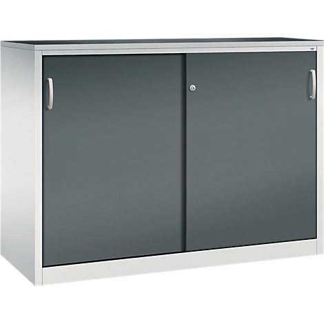 Armoire de bureau à portes coulissantes avec cadre blanc et deux portes gris foncé.