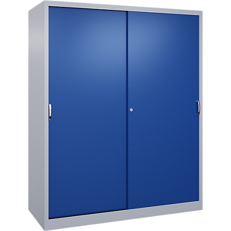 Armoire en acier bleu avec cadre gris et deux portes coulissantes, sur fond neutre.