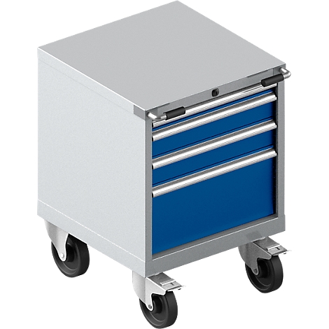 Chariot à outils avec trois tiroirs bleus, avec roulettes.