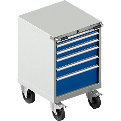 Servante à tiroirs, bleue et grise, sur roulettes.