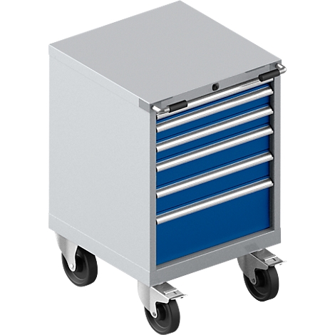 Armoire à outils grise avec tiroirs bleus sur roulettes.
