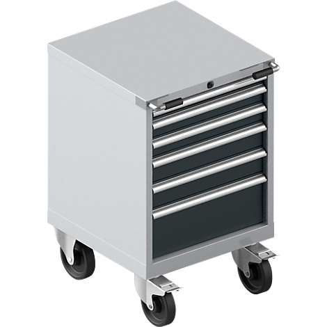 Armoire à outils grise sur roues, avec tiroirs et poignées.