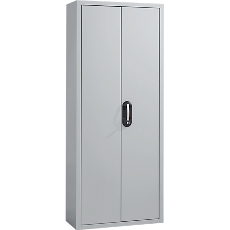 Armoire métallique grise à deux portes et une poignée.