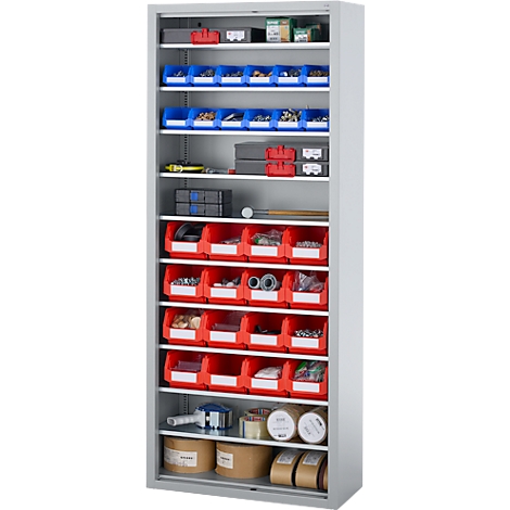 Armoire à outils grise avec de nombreux tiroirs remplis de vis, d'outils et de matériaux.