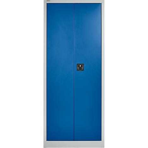 Armoire en acier bleu à deux portes. La poignée est au milieu, cadre argenté.