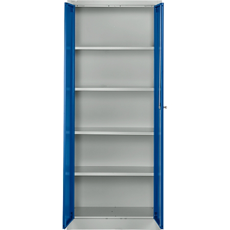 Armoire en acier bleu ouverte. Intérieur blanc avec quatre étagères. Portes ouvertes, armoire vide.