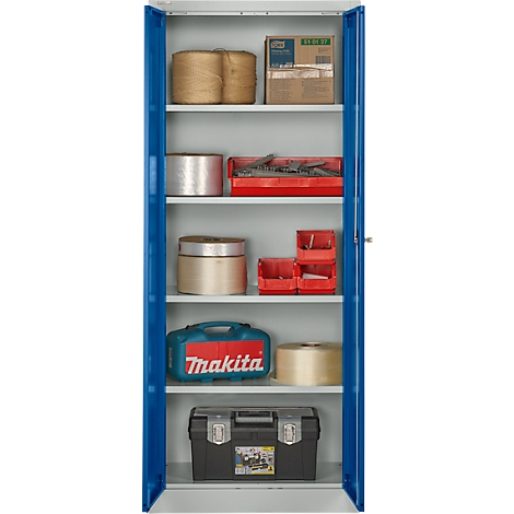 Une armoire en acier bleu ouverte avec divers outils et matériaux sur les étagères.