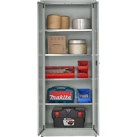 Armoire à outils grise avec portes ouvertes, remplie d'outils et d'accessoires. Comprend une mallette à outils Makita.
