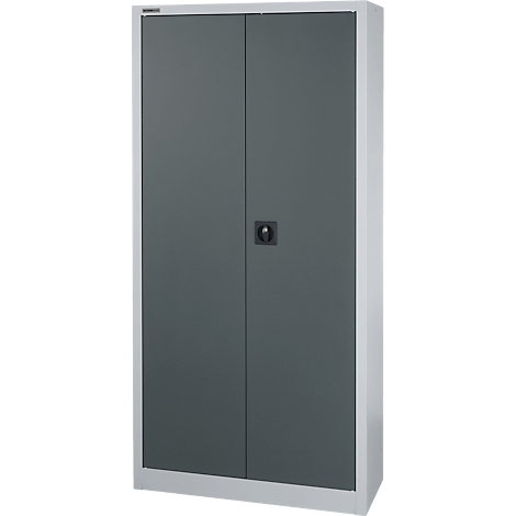 Armoire métallique grise avec portes doubles, poignée noire et cadre blanc.