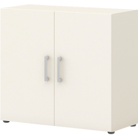 Armoire crème avec deux portes et poignées argentées, reposant sur des pieds noirs.
